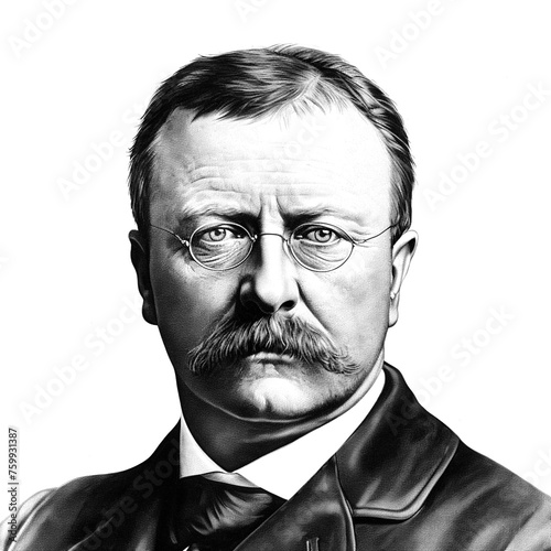 Black and white vintage engraving, close-up headshot portrait of Theodore (Teddy) Roosevelt Jr., the famous historical 26th president of the United States, white background, greyscale, wearing glasses