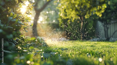 Magical Morning Dew on Garden Grass, dreamlike scene of morning dew sparkling on lush garden grass, illuminated by the soft light of a rising sun filtering through the leaves.