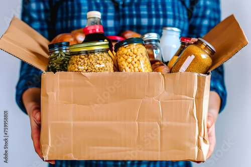 Produits alimentaires dans un carton tenu par une homme