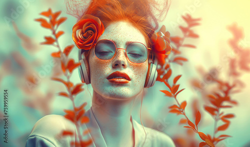 A beautiful woman with headphones and flowers on her head, wearing sunglasses