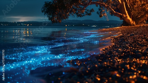 Bioluminescent tide on a beach at night with glowing blue light in the water under a tree.