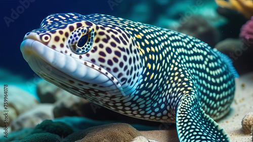 Enchelycore pardalis, commonly called Leopard moray eel or Dragon moray isolated closeup, underwater life. Tropical fish Murena, latin name Murena Helena, in aquarium