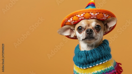 A Chihuahua in a festive costume including a sombrero and colorful knitted sweater, suitable for Cinco de Mayo festivities or pet fashion marketing