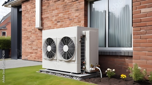 Air source heat pump installed outside of new and modern city house, green renewable energy concept of heat pump