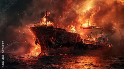 fire in the seaport burning ship, cargo ship