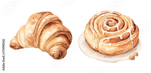 Croissant and cinnamon roll in watercolor