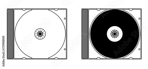 Cartoon cd rom. Compact disc CD or DVD and cover. Empty file and jewel case sign. For data, backup or software. CD case or box line pattern. CD player listen to music. dvd rw recording.