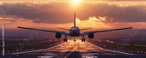 An airplane is landing on runway, amazing afternoon sun shining background .