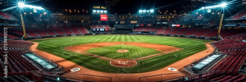 Panoramic View of Empty Baseball Stadium at Night - An expansive panoramic shot of an empty baseball stadium lit up at night, showcasing the diamond and stands.