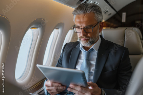 A middle-aged businessman in a suit sitting on an airplane and using a tablet during a business trip
