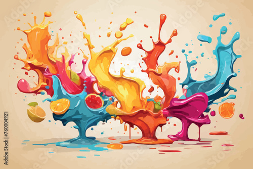 Juice fruit mix splash. Isolated vector vibrant fruity eruption, colorful splashing, realistic refreshing blend of citrus, berries, and tropical flavors.