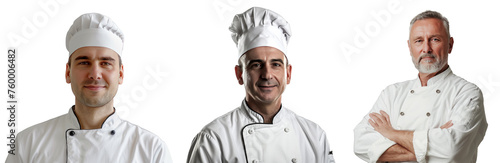 Portrait Collection of man chef with a satisfied face isolated on a white background as transparent PNG 