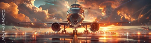 Airplane front view at sunset - Stunning front view of airplane ready for takeoff with a vibrant, glowing sunset background and airport runway lights