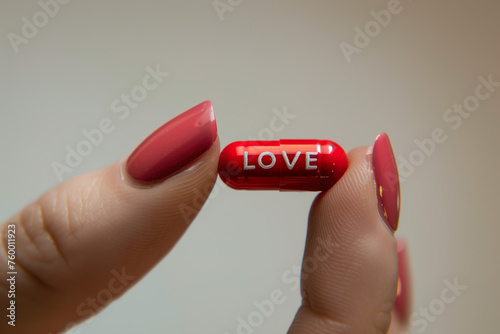 Female hand holding a Red love pill . The drug where a guy loves a girl so much its like a drug