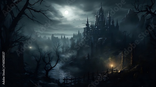 Halloween holiday concept. Spooky old gothic castle, foggy night, haunted mansion.