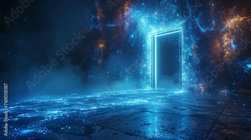 Technology portal on a polygonal wireframe glowing background in the style of an open door modern illustration. Futuristic science fiction concept of a doorway.