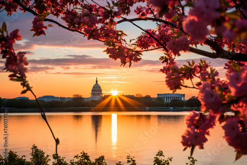 Dawn Breaks Over Iconic Washington DC Monuments Reflected in Potomac River