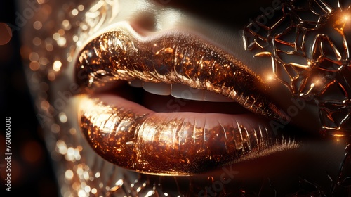 female lips extreme close up shot, brown glowing radium lips made with diamond engraved, shining effect - generative ai