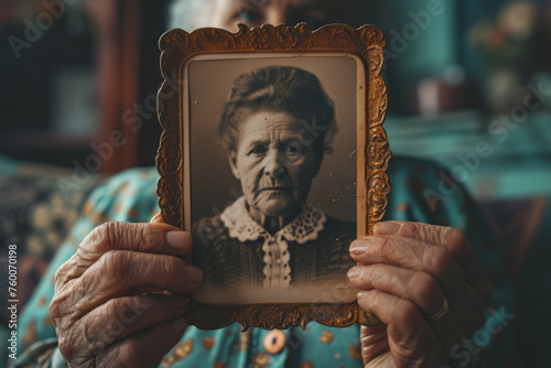 Elderly woman show vintage photo of her mother portrait. Senior lady holding in hand old photo frame. Memories, nostalgia, family album