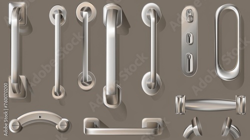 Modern chrome lever handles and long door pulls for room interior in office or home. Modern realistic set of modern chrome lever handles in different shapes isolated on transparent background