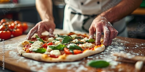 An experienced chef creates a delicious pizza in a bustling kitchen. Concept Cooking, Pizza Making, Chef Skills, Kitchen Environment, Culinary Art