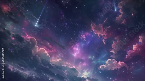 A dreamy night sky with stars and shooting comets, pink, purple and blue colors, clouds in the background,