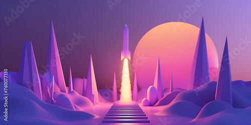 Sci-fi scene, a rocket with a purple and white color scheme is in the midst of a powerful launch, intense white and pink flames propelling it from a platform, digital art techniques. Gen AI