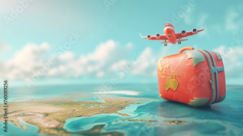 A whimsically animated suitcase and airplane travel over a stylized world map with bright colors