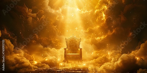 Divine golden throne in celestial realm with angels surrounding Jesus Christ. Concept Heavenly Throne, Golden Aesthetic, Angels, Jesus Christ, Celestial Realm