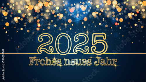 Karte oder Banner, um ein frohes neues Jahr 2025 in Gold auf blauem Hintergrund mit Kreisen und goldfarbenem Glitzer im Bokeh-Effekt zu wünschen