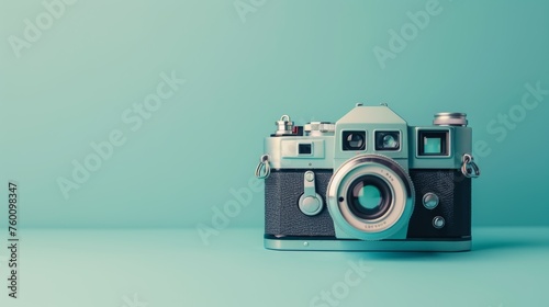 Vintage film camera on a pastel blue background with a minimalist design.