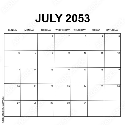 july 2053. monthly calendar design. week starts on sunday. printable, simple, and clean vector design isolated on white background.