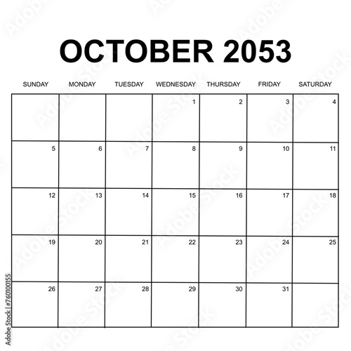 october 2053. monthly calendar design. week starts on sunday. printable, simple, and clean vector design isolated on white background.