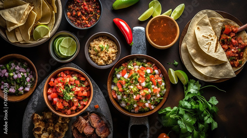 Mexican food background. Tacos, guacamole, pico de gallo