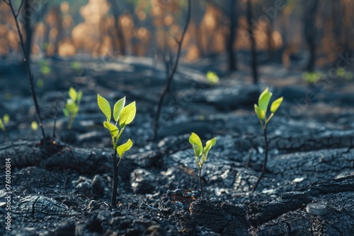 A charred landscape with new green shoots sprouting