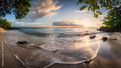 Paradis tropical serein : un panorama fascinant au coucher du soleil sur la plage avec des teintes dorées, de la tranquillité et une mer calme - Parfait pour les vacances
