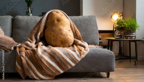 Lazy couch potato. Funny image of laziness or depression. TV binging stationary lifestyle.
