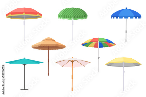 Open beach umbrellas set. Cute parasol collection for tropical sea summer holidays, outdoor garden or travel pool accessory for hot sun protection and shade summertime cartoon vector illustration