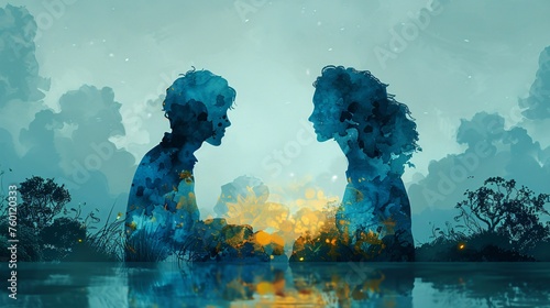 A double exposure illustration of two silhouettes who conveys both emotionality and depth between them.