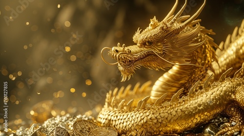 Intricate close-up of a golden dragon showcasing every scale as it rests on a bed of wealth, symbolizing guardianship