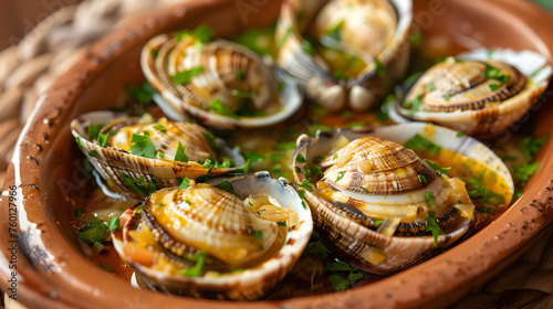 Fresh herbed clams in a clay dish