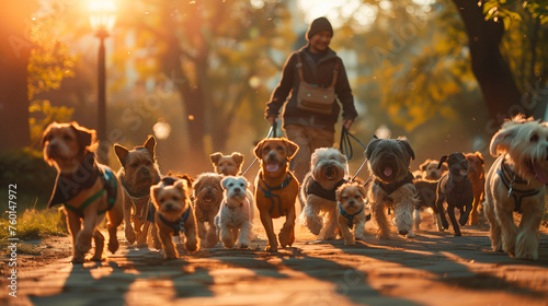 A photograph capturing a dog walker in action, skillfully managing a diverse pack of energetic dogs along a tree-lined pathway in a scenic park. With a sense of responsibility and expertise, the walke