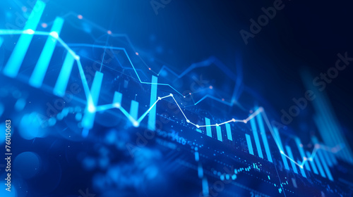 Abstract glowing big data forex candlestick chart on blurry city backdrop. Trade, technology, investment and analysis concept