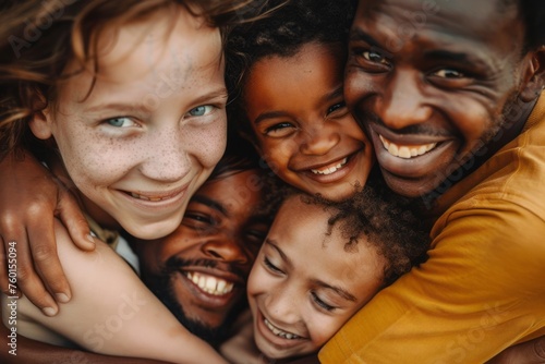 An adoptive family of different ethnicities sharing a hug, portraying the love and diversity in modern families.