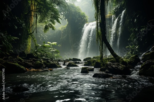 Waterfall nestled among trees and rocks in a lush green forest