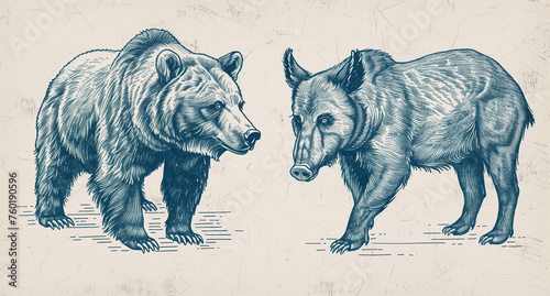 Line drawings in the style of an antique engraving featuring wild animals like bear and boar