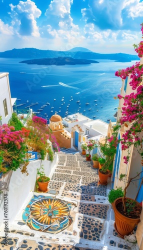Daytime santorini island panorama fira and oia towns overlooking cliffs and aegean sea, greece