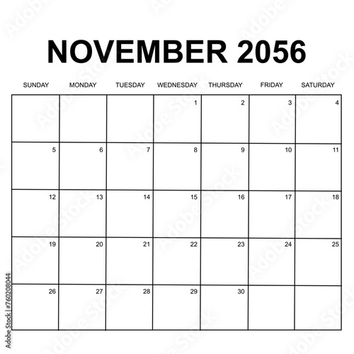 november 2056. monthly calendar design. week starts on sunday. printable, simple, and clean vector design isolated on white background.