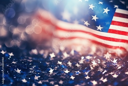 A blurred festive background with fireworks in the color of the American flag. The United States of America The flag of the United States on the background of fireworks on July 4th
