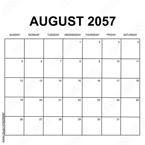 august 2057. monthly calendar design. week starts on sunday. printable, simple, and clean vector design isolated on white background.